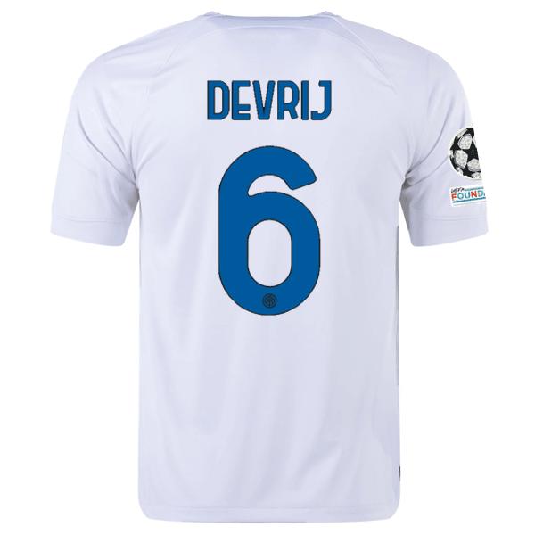 Nike Inter Milan Stefan de Vrij Away Jersey w/ Champions League + Copa Italia Patches 23/24 (White/Lyon Blue) | SoccerWearhouse