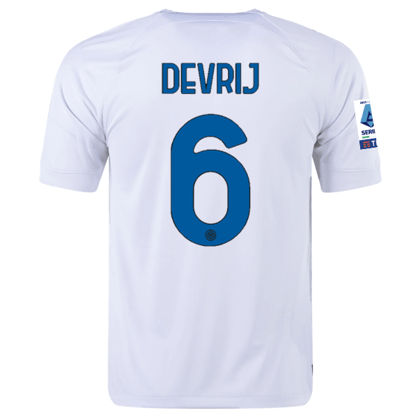 Nike Inter Milan Stefan de Vrij Away Jersey w/ Series A + Copa Italia Patches 23/24 (White/Lyon Blue) | SoccerWearhouse