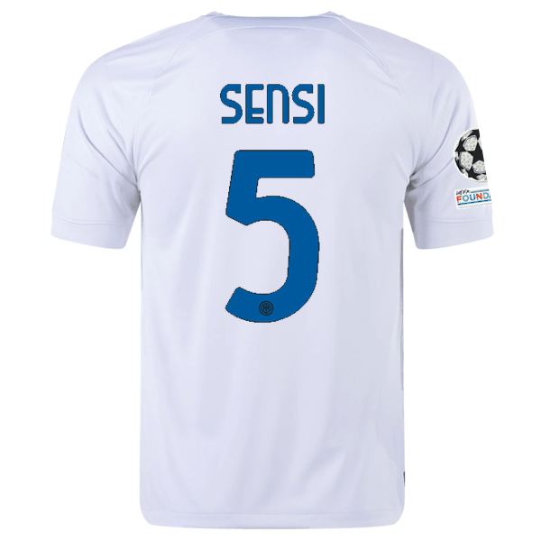 Nike Inter Milan Stefano Sensi Away Jersey w/ Champions League + Copa Italia Patches 23/24 (White/Lyon Blue) | SoccerWearhouse