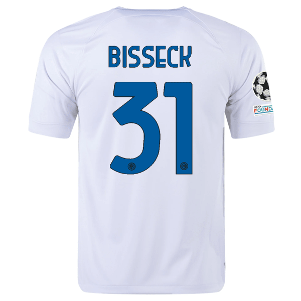 Nike Inter Milan Yann Aurel Bisseck Away Jersey w/ Champions League + Copa Italia Patches 23/24 (White/Lyon Blue) | SoccerWearhouse