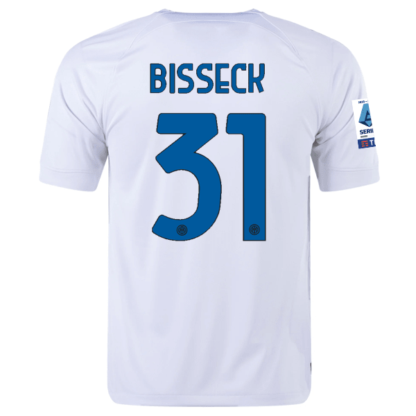 Nike Inter Milan Yann Aurel Bisseck Away Jersey w/ Series A + Copa Italia Patches 23/24 (White/Lyon Blue) | SoccerWearhouse