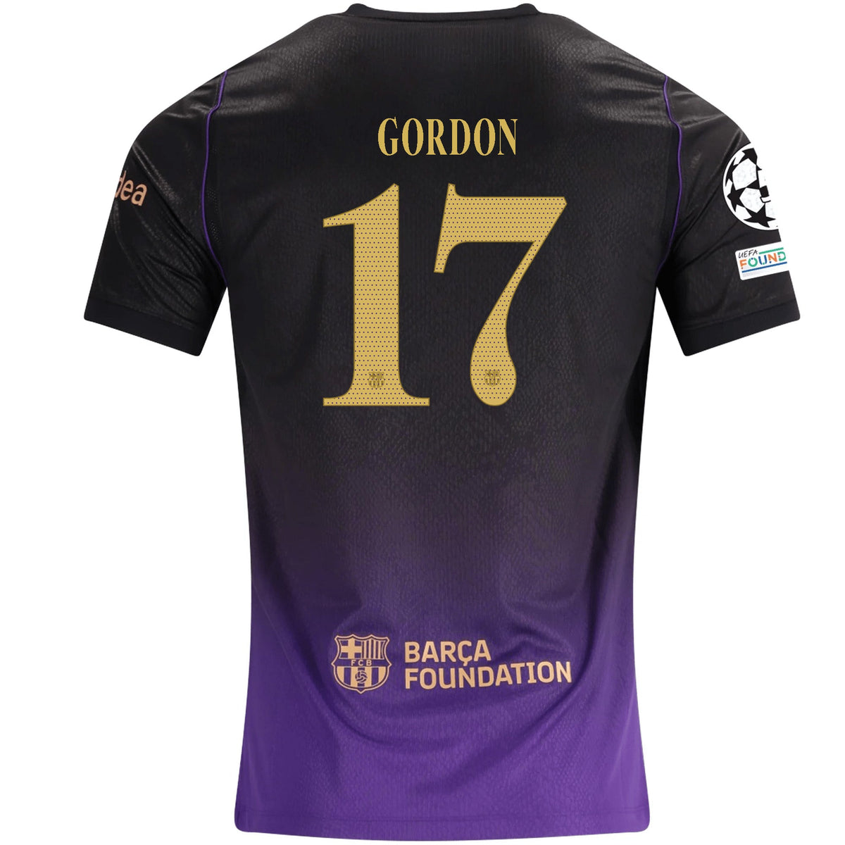 Nike Mens Barcelona Anthony Gordon Away Jersey w/ Champions League Patches 26/27 (Purple/Metallic Gold) | SoccerWearhouse