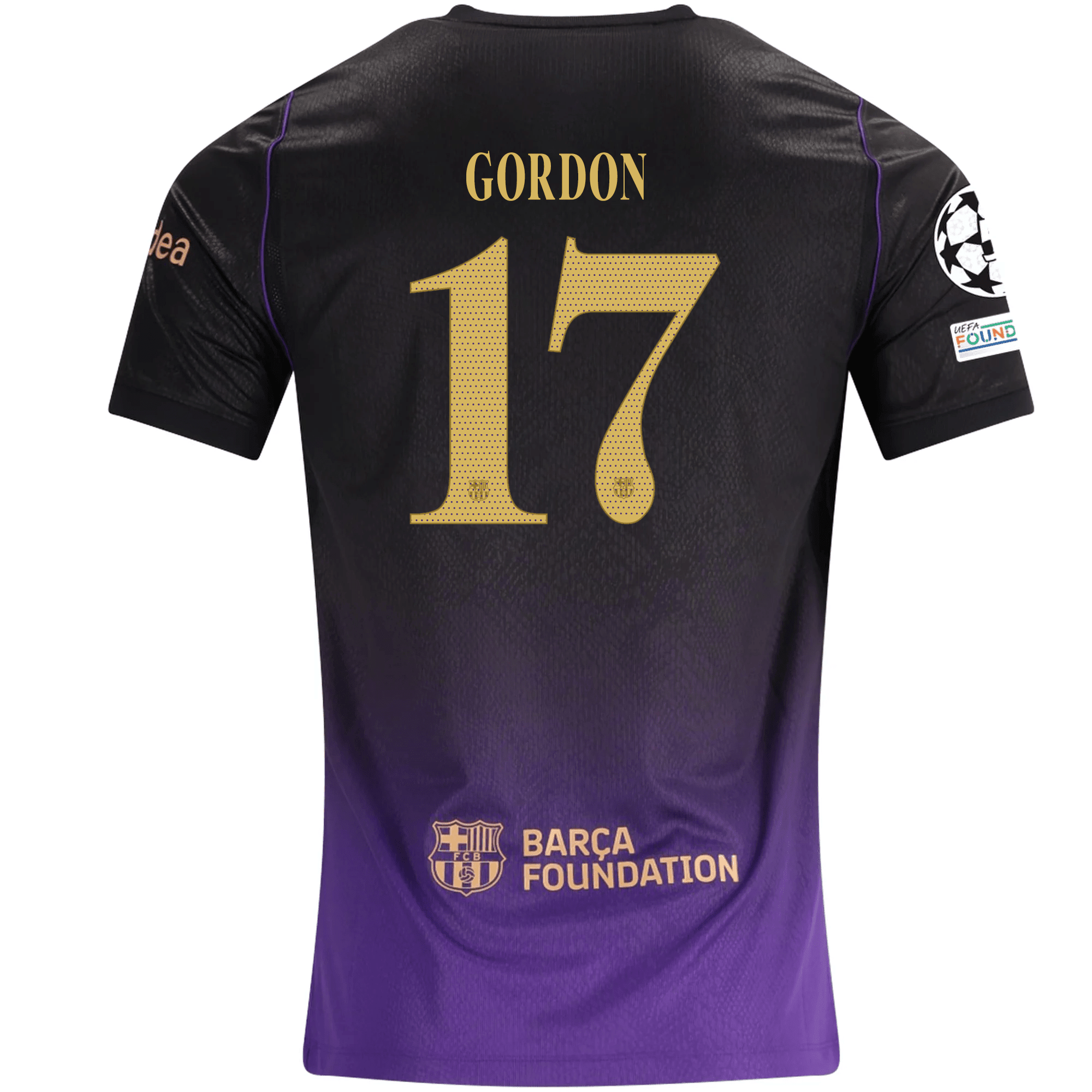 Nike Mens Barcelona Anthony Gordon Away Jersey w/ Champions League Patches 26/27 (Purple/Metallic Gold)
