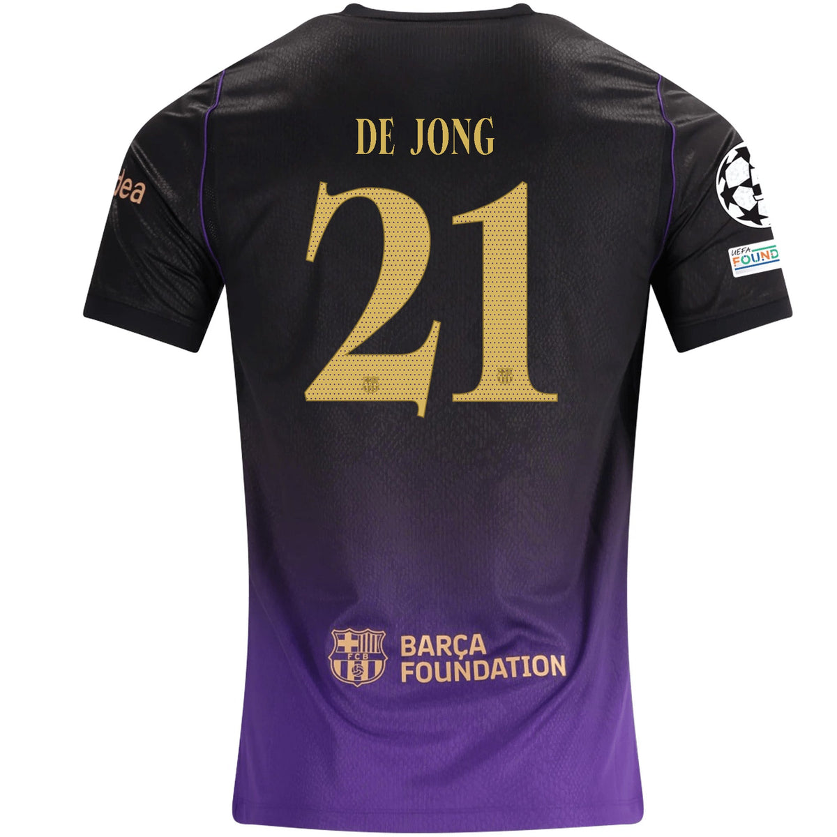 Nike Mens Barcelona Frenkie de Jong Away Jersey w/ Champions League Patches 26/27 (Purple/Metallic Gold) | SoccerWearhouse
