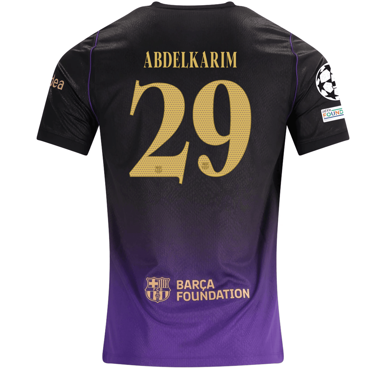 Nike Mens Barcelona Hamza Abdelkarim Away Jersey w/ Champions League Patches 26/27 (Purple/Metallic Gold) | SoccerWearhouse