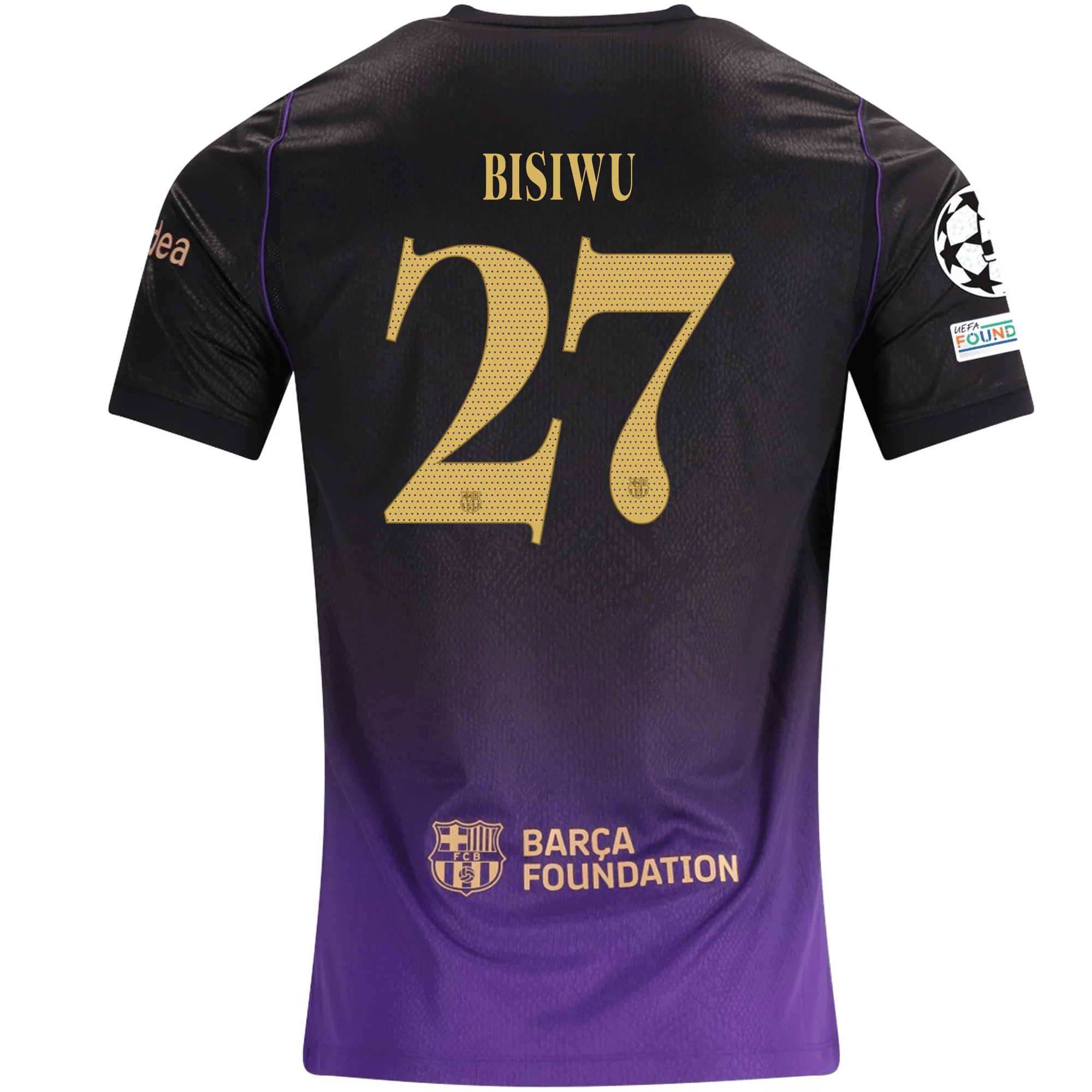 Nike Mens Barcelona Jesse Bisiwu Away Jersey w/ Champions League Patches 26/27 (Purple/Metallic Gold)