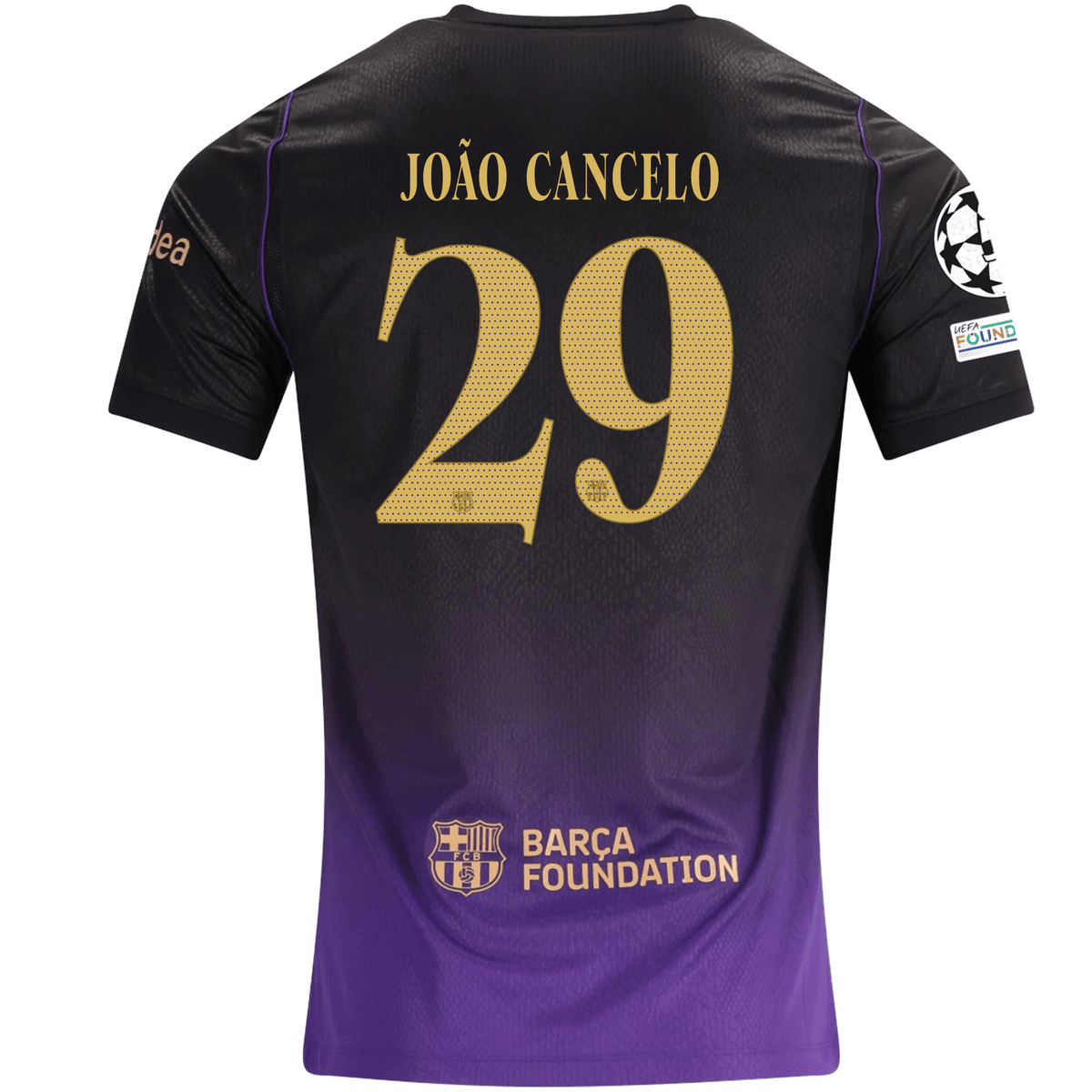 Nike Mens Barcelona João Cancelo Away Jersey w/ Champions League Patches 26/27 (Purple/Metallic Gold) | SoccerWearhouse