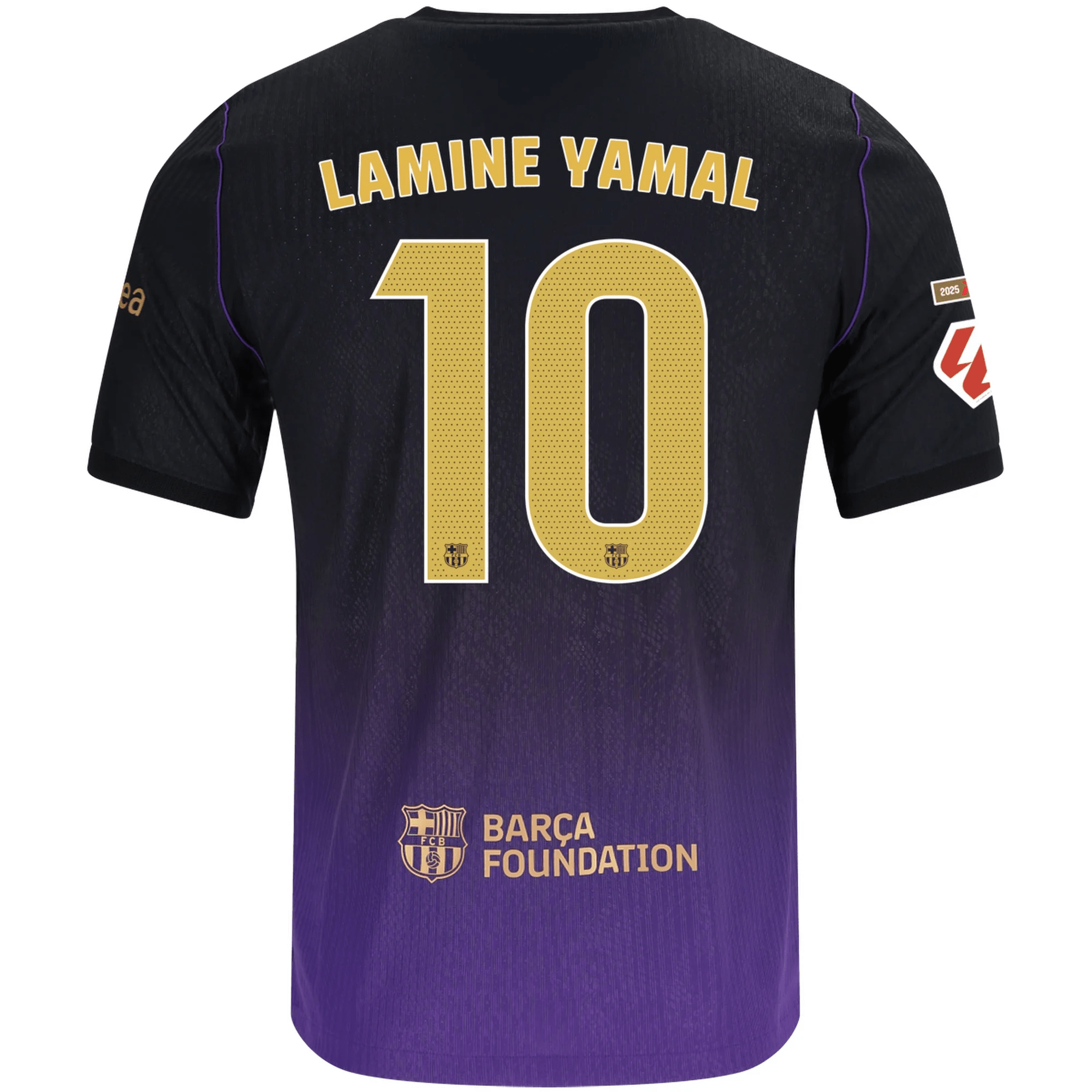 Nike Mens Barcelona Lamine Yamal Match Authentic Away Jersey w/ La Liga Champion Patches 26/27 (Purple/Metallic Gold) (Copy)