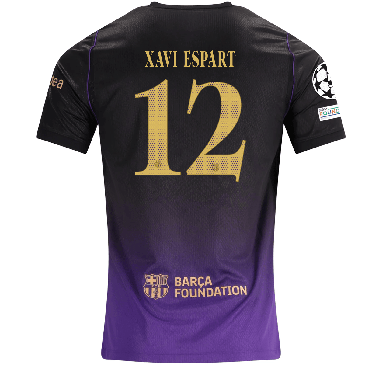 Nike Mens Barcelona Xavi Espart Away Jersey w/ Champions League Patches 26/27 (Purple/Metallic Gold) | SoccerWearhouse