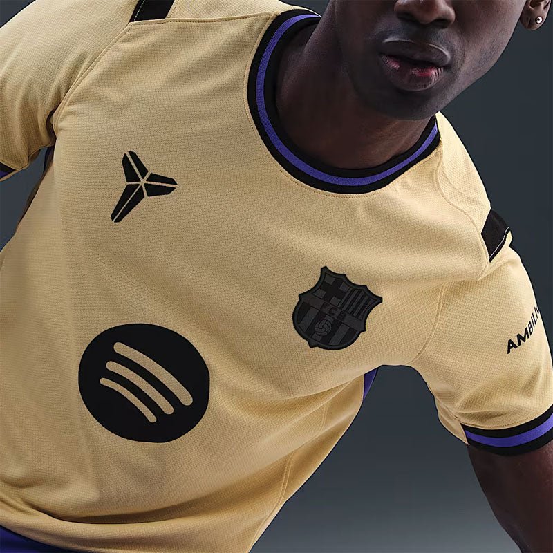 Nike Men's FC Barcelona Away Jersey 25/26 w/ Champions League Patches (Team Gold/Persion Violet/Black) | SoccerWearhouse