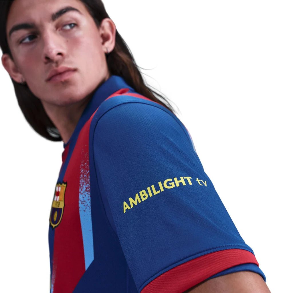 Nike Men's FC Barcelona Bernal 4th Jersey 25/26 w/ La Liga Patches (Blue/Red/Yellow) | SoccerWearhouse
