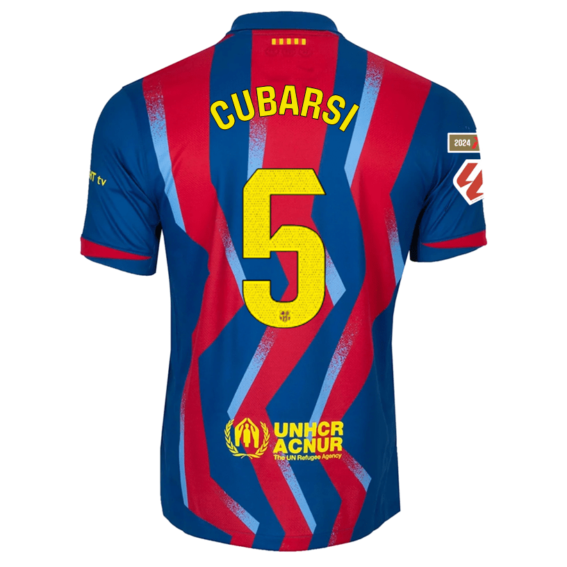 Nike Men's FC Barcelona Cubarsi 4th Jersey 25/26 w/ La Liga Patches (Blue/Red/Yellow) | SoccerWearhouse