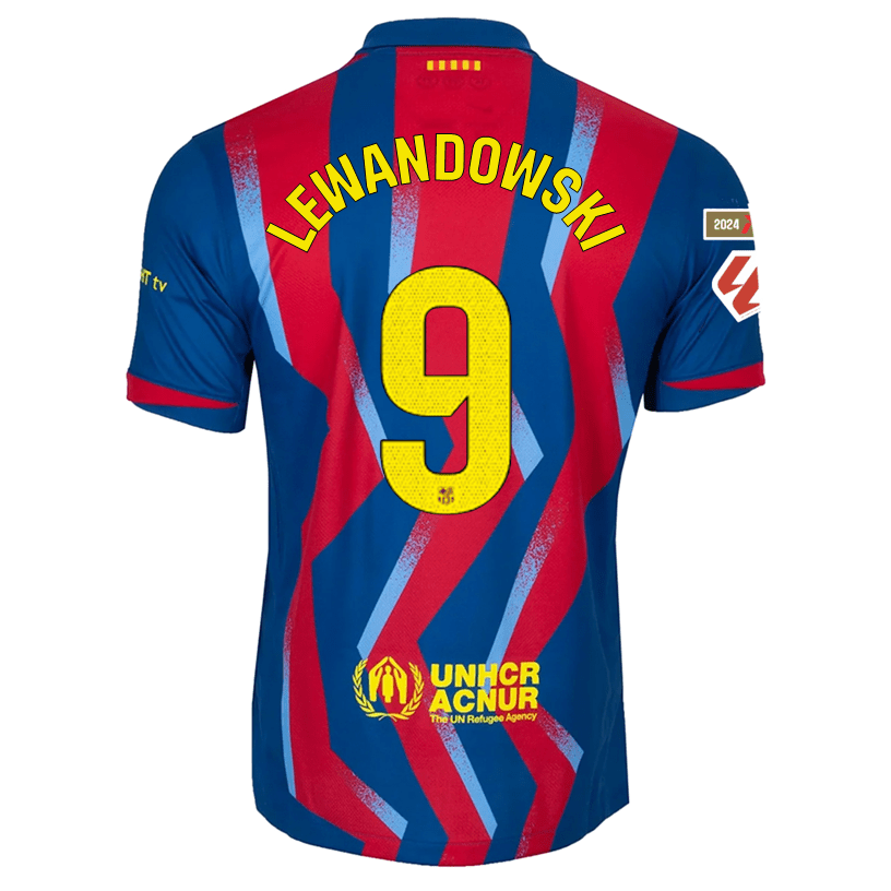 Nike Men's FC Barcelona Lewandowski 4th Jersey 25/26 w/ La Liga Patches (Blue/Red/Yellow) | SoccerWearhouse