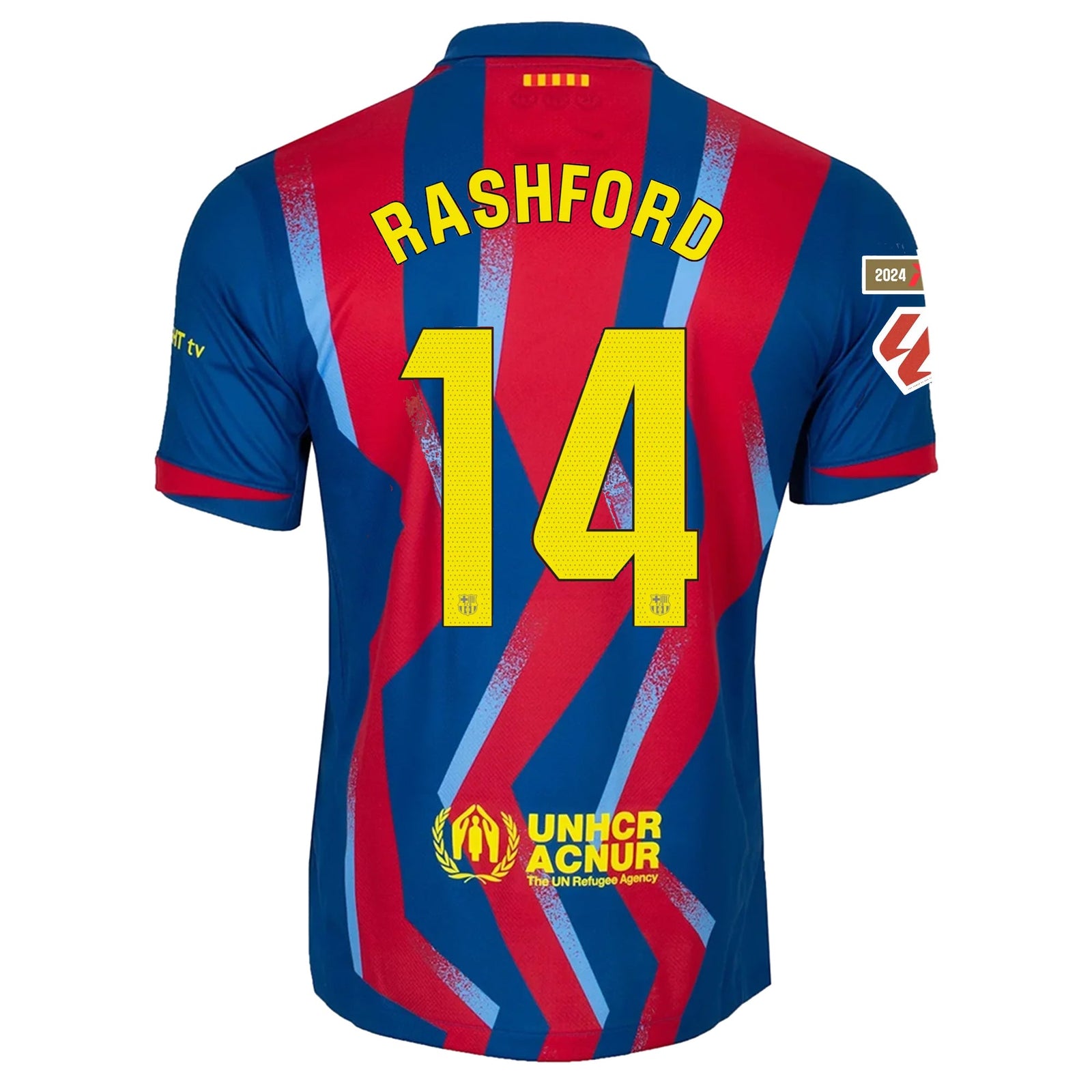 Nike Men's FC Barcelona Marcus Rashford 4th Jersey 25/26 w/ La Liga Patches (Blue/Red/Yellow) | SoccerWearhouse
