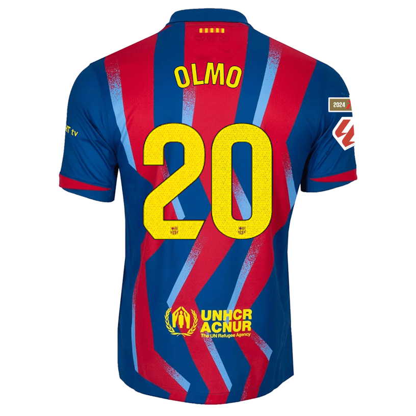 Nike Men's FC Barcelona Olmo 4th Jersey 25/26 w/ La Liga Patches (Blue/Red/Yellow) | SoccerWearhouse