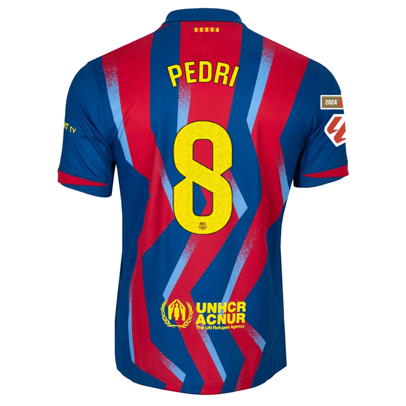 Nike Men's FC Barcelona Pedri 4th Jersey 25/26 w/ La Liga Patches (Blue/Red/Yellow) | SoccerWearhouse