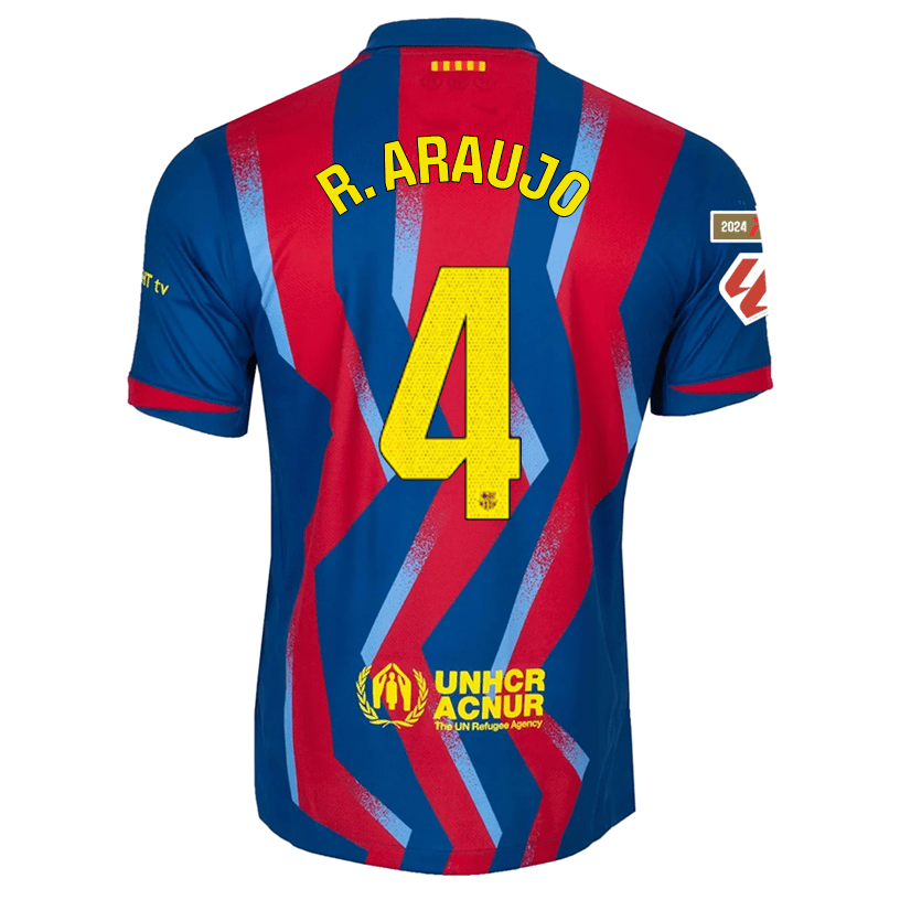 Nike Men's FC Barcelona R. Araujo 4th Jersey 25/26 w/ La Liga Patches (Blue/Red/Yellow) | SoccerWearhouse