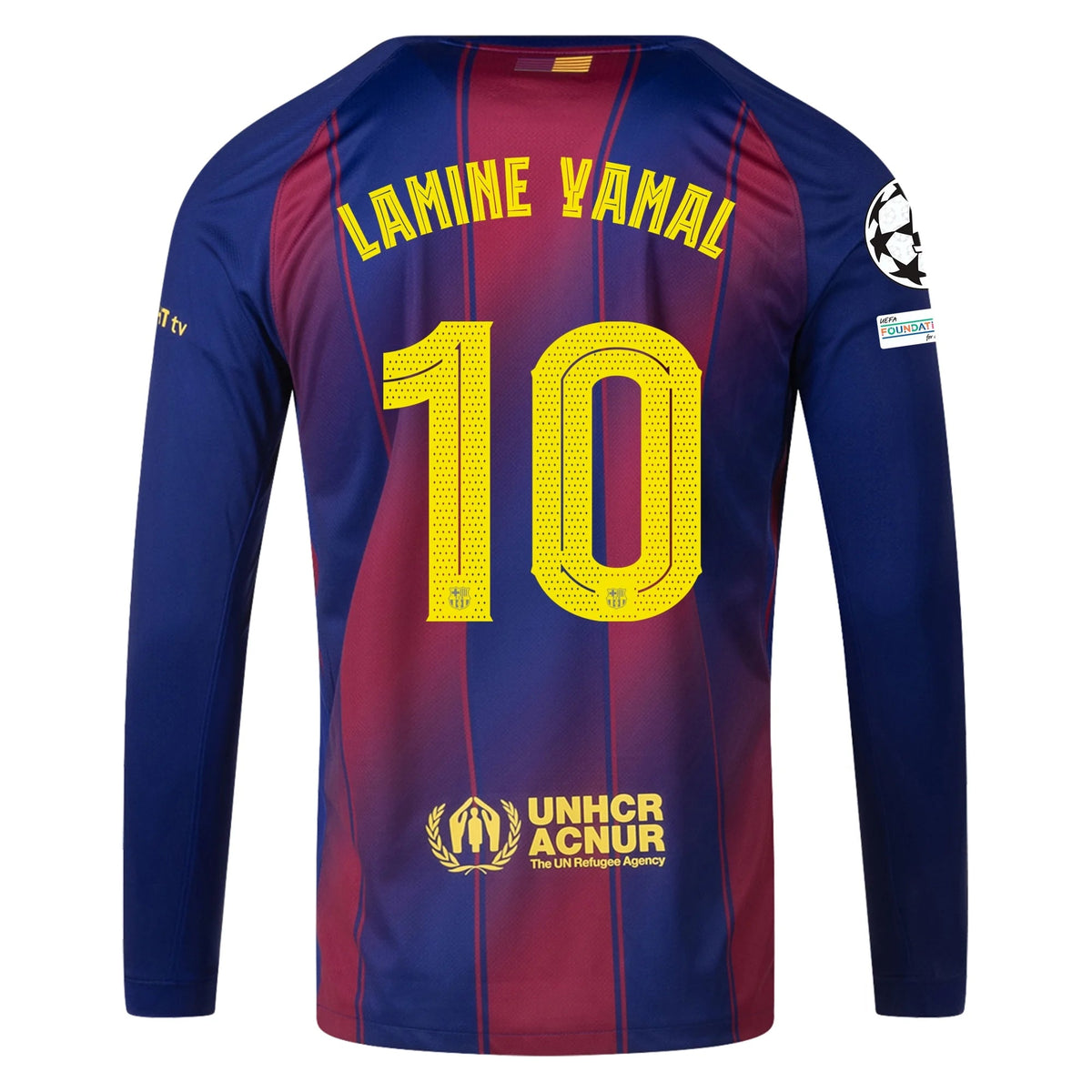 Nike Men's Lamine Yamal Barcelona 25/26 Long Sleeve Home Jersey w/ Champions League Patches (Deep Royal Blue/Midwest Gold) | SoccerWearhouse