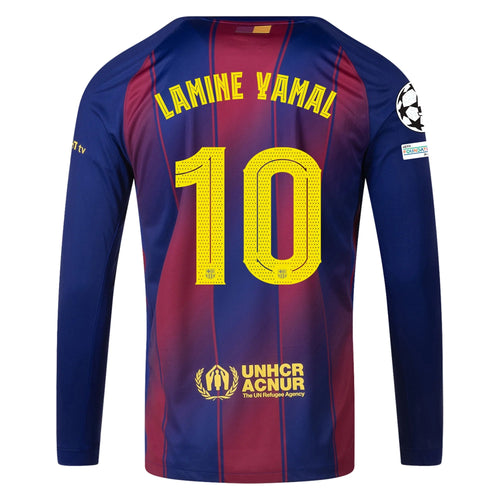 Nike Men's Lamine Yamal Barcelona 25/26 Long Sleeve Home Jersey w/ Champions League Patches (Deep Royal Blue/Midwest Gold) - S