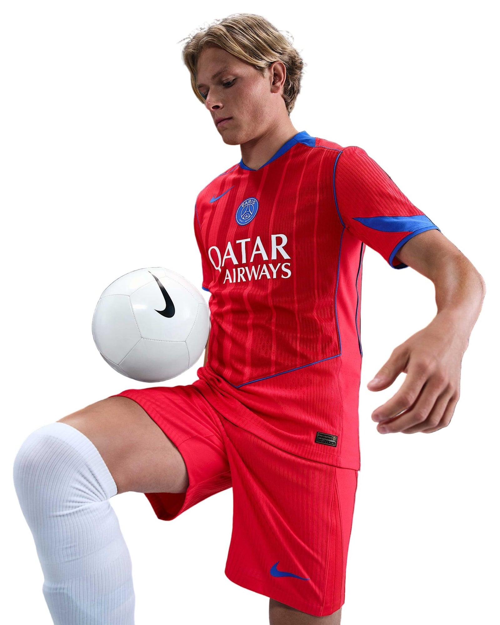 Nike Men's Paris Saint - Germain Authentic Vitinha Third Jersey w/ Champions League Patches 25/26 (Sport Red/Hyper Royal) | SoccerWearhouse