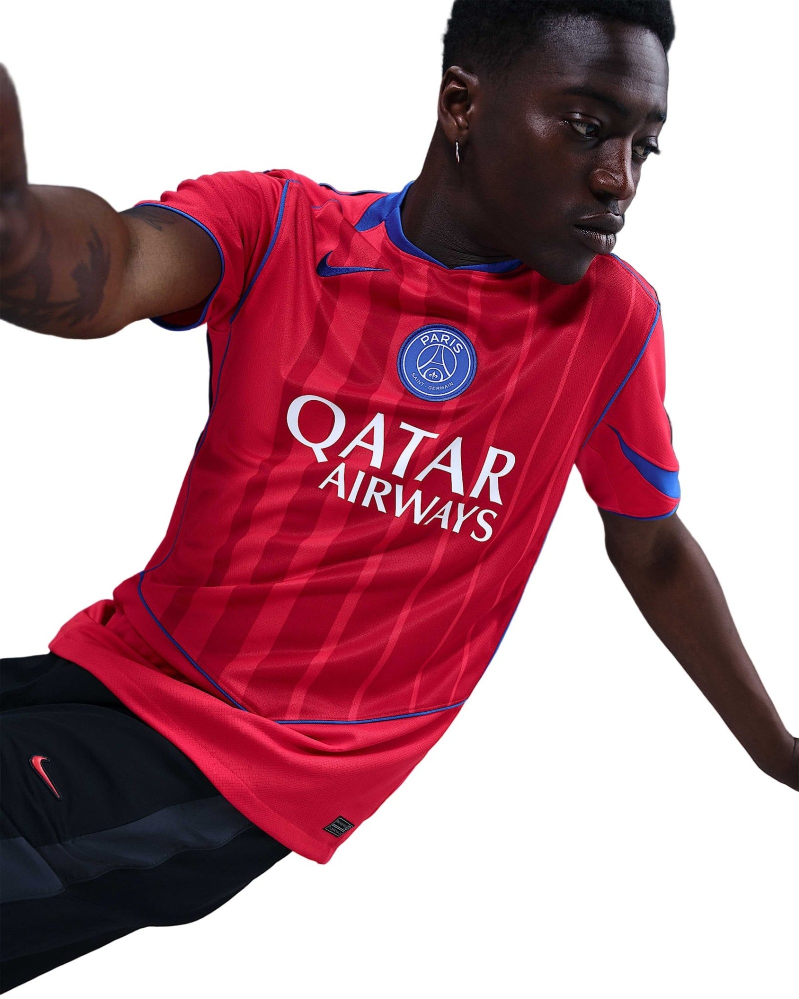 Nike Men's Paris Saint - Germain João Neves T90 Third Jersey w/ Champions League Patches 25/26 (Sport Red/Hyper Royal) | SoccerWearhouse
