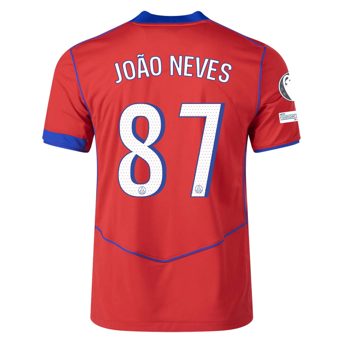 Nike Men's Paris Saint - Germain João Neves T90 Third Jersey w/ Champions League Patches 25/26 (Sport Red/Hyper Royal) | SoccerWearhouse