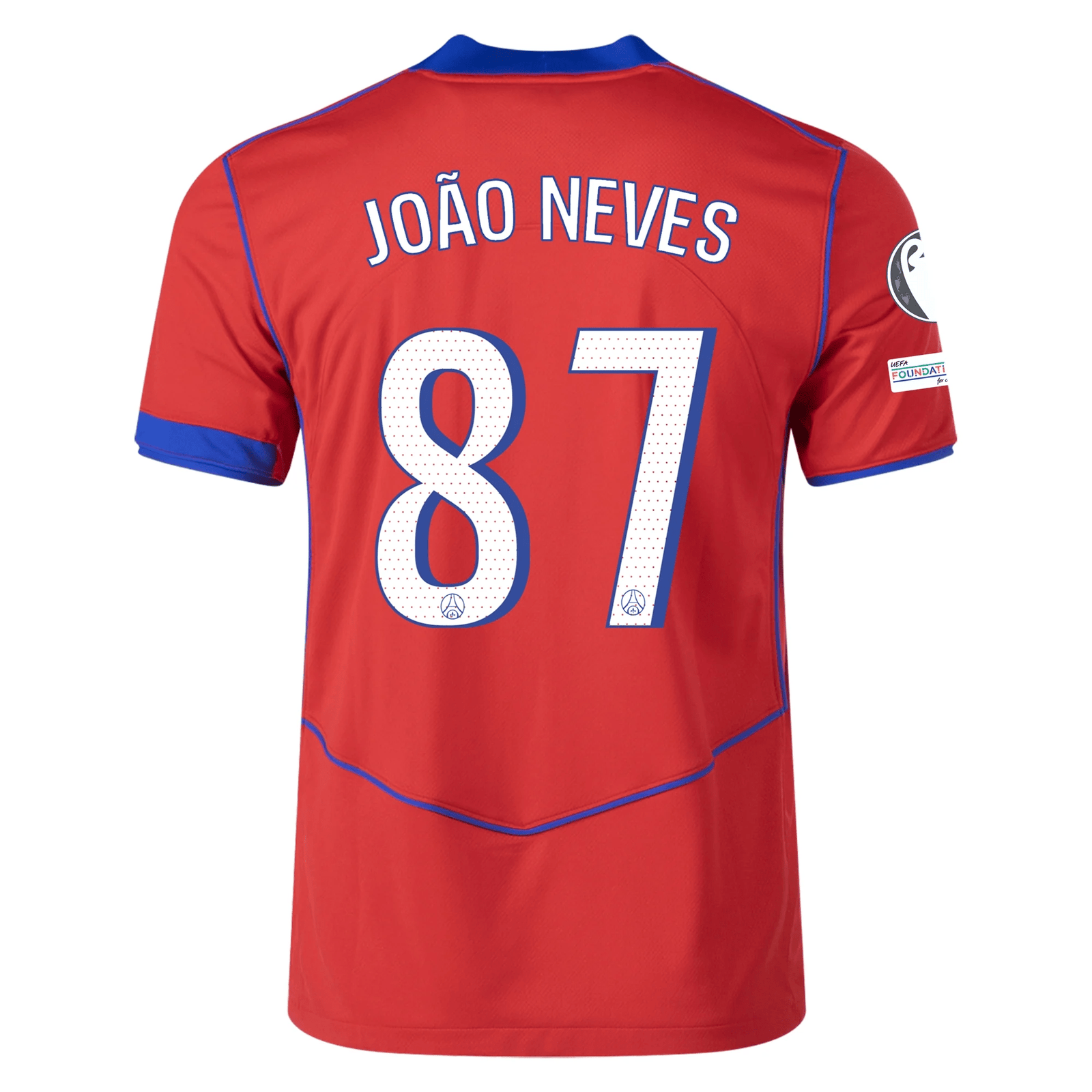 Nike Men's Paris Saint - Germain João Neves T90 Third Jersey w/ Champions League Patches 25/26 (Sport Red/Hyper Royal) | SoccerWearhouse