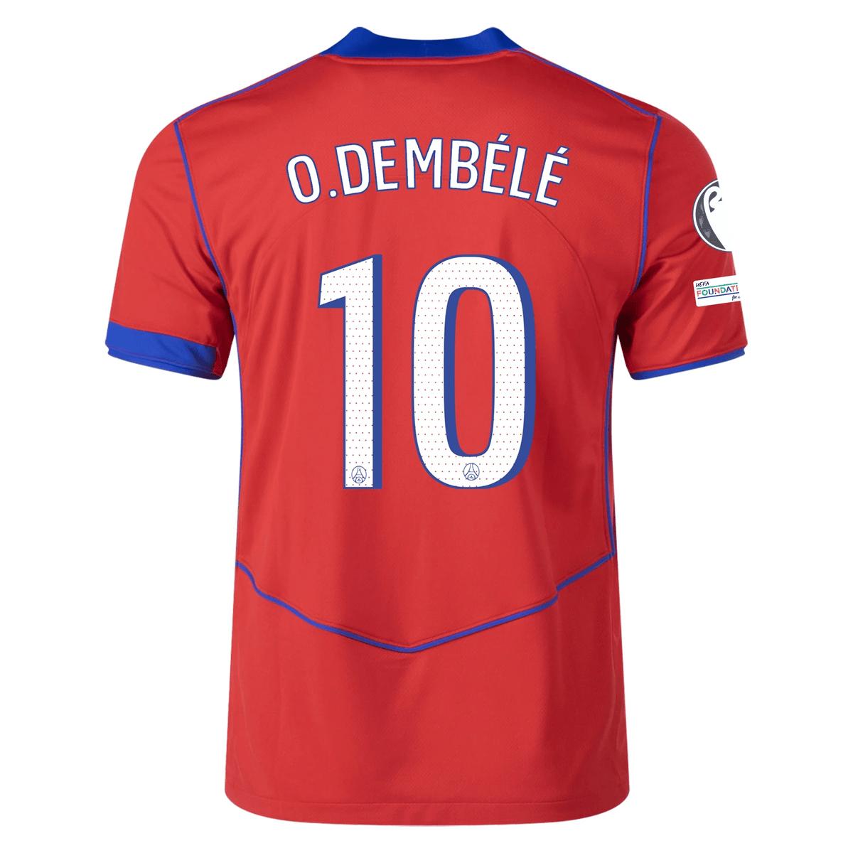 Nike Men's Paris Saint - Germain Ousmane Dembele T90 Third Jersey w/ Champions League Patches 25/26 (Sport Red/Hyper Royal) | SoccerWearhouse