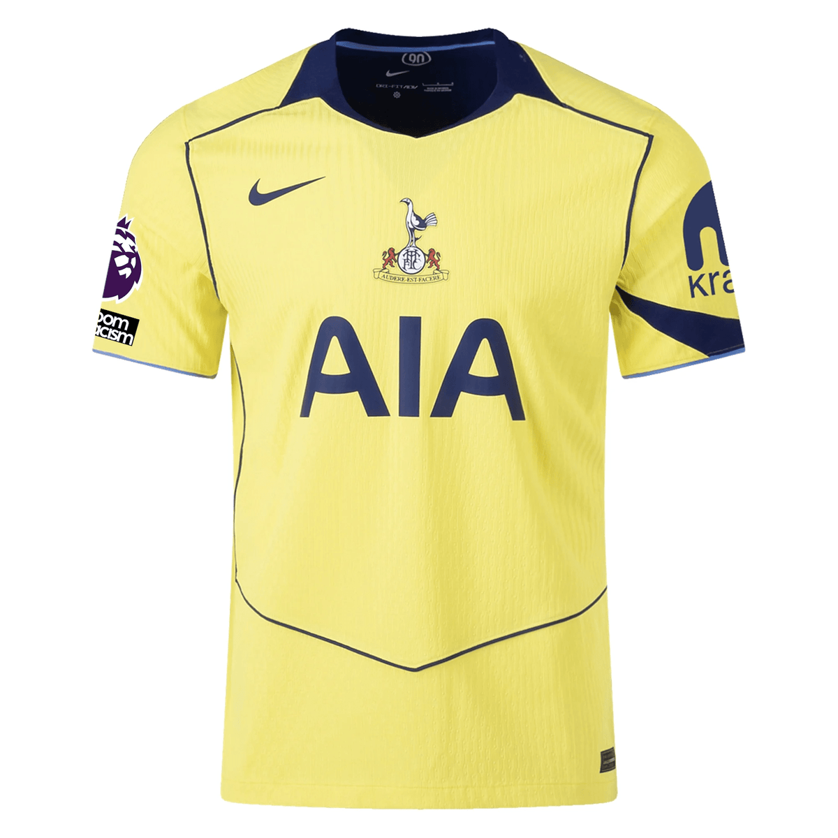 Nike Men's Tottenham Authentic James Maddison T90 Third Jersey w/ EPL + No Room For Racism 25/26 (Dynamic Yellow/Blue Void) | SoccerWearhouse