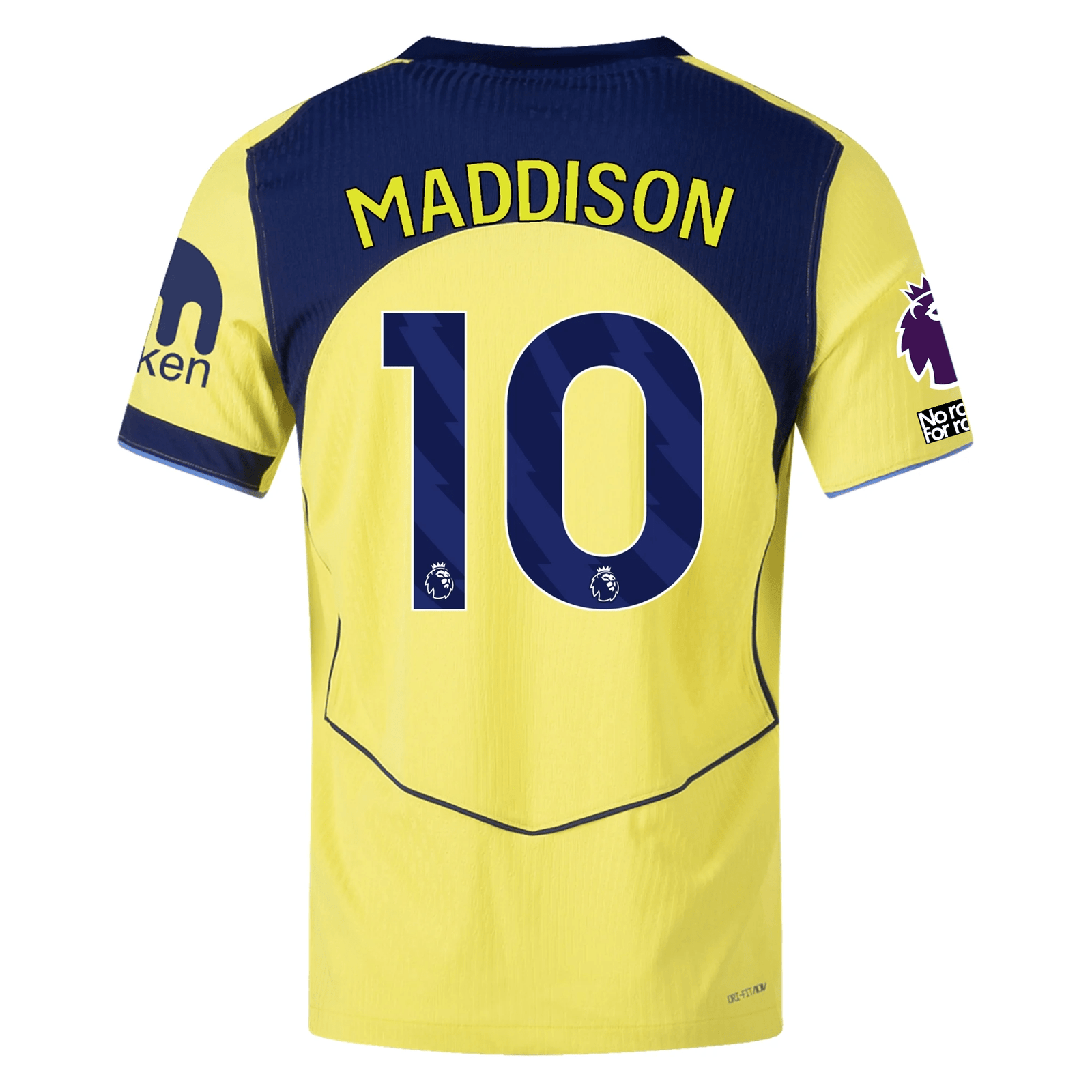 Nike Men's Tottenham Authentic James Maddison T90 Third Jersey w/ EPL + No Room For Racism 25/26 (Dynamic Yellow/Blue Void) | SoccerWearhouse