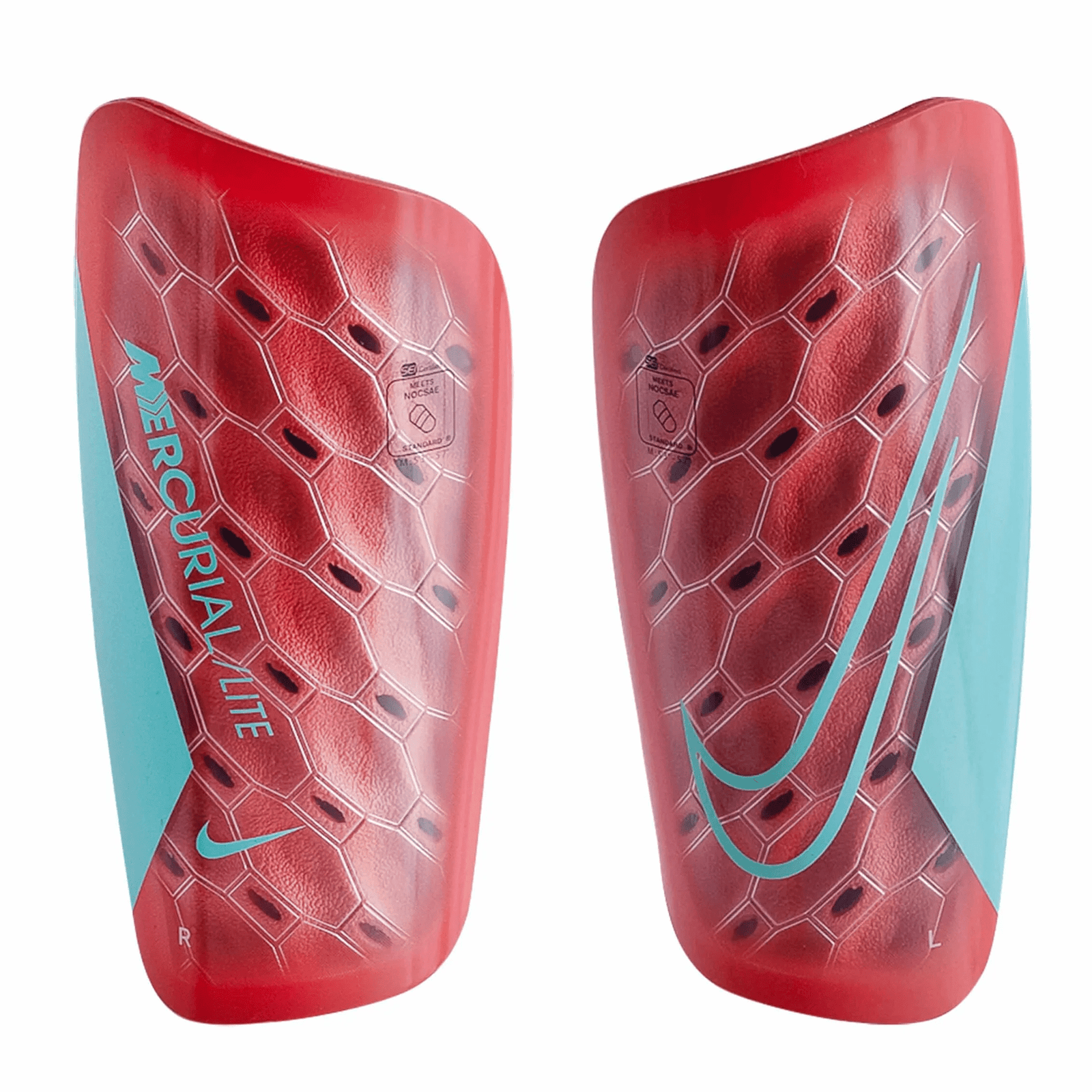 Nike Mercurial Lite Shin Guard (Ember Glow/Aurora Green) | SoccerWearhouse