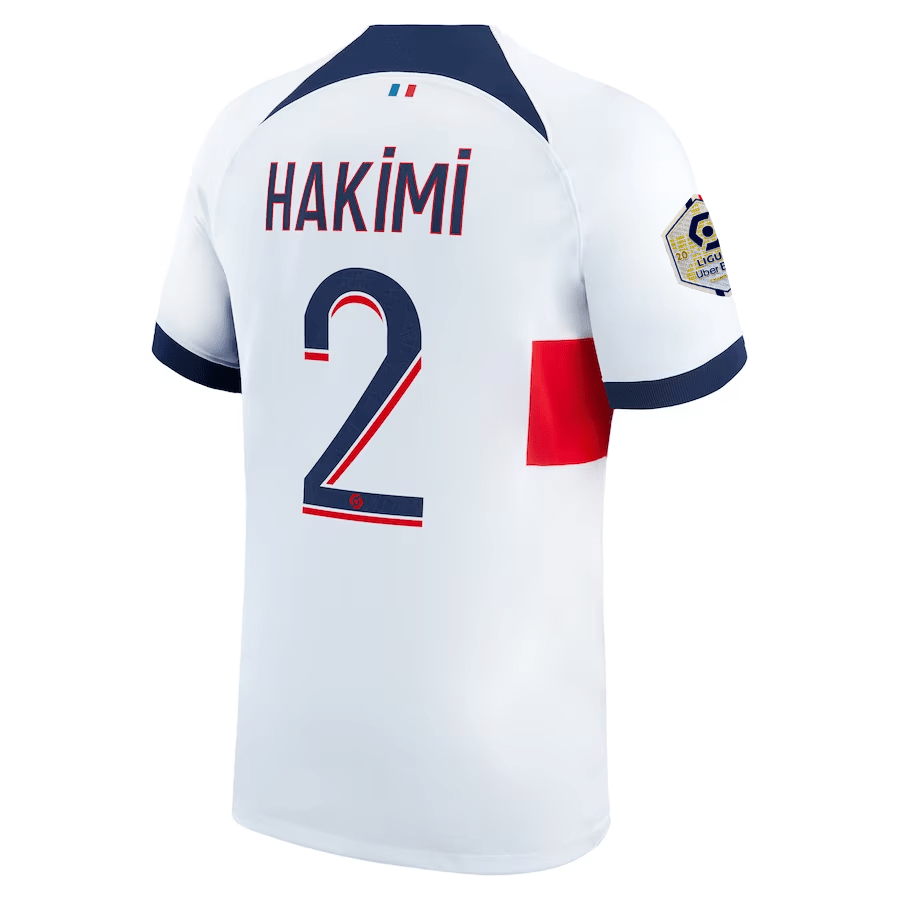 Nike Paris Saint - Germain Achraf Hakimi Away Jersey w/ Ligue 1 Patch 23/24 (White/Midnight Navy) | SoccerWearhouse
