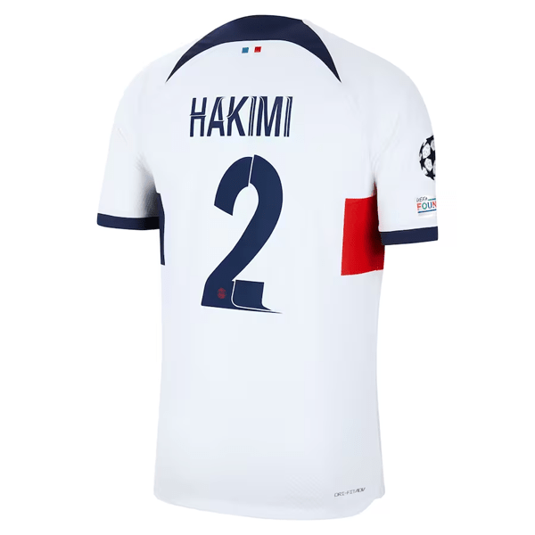 Nike Paris Saint - Germain Authentic Archaf Hakimi Match Vaporknit Away Jersey w/ Champions League Patches 23/24 (White/Midnight Navy) | SoccerWearhouse