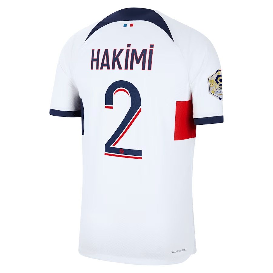 Nike Paris Saint - Germain Authentic Archaf Hakimi Match Vaporknit Away Jersey w/ Ligue 1 Patch 23/24 (White/Midnight Navy) | SoccerWearhouse