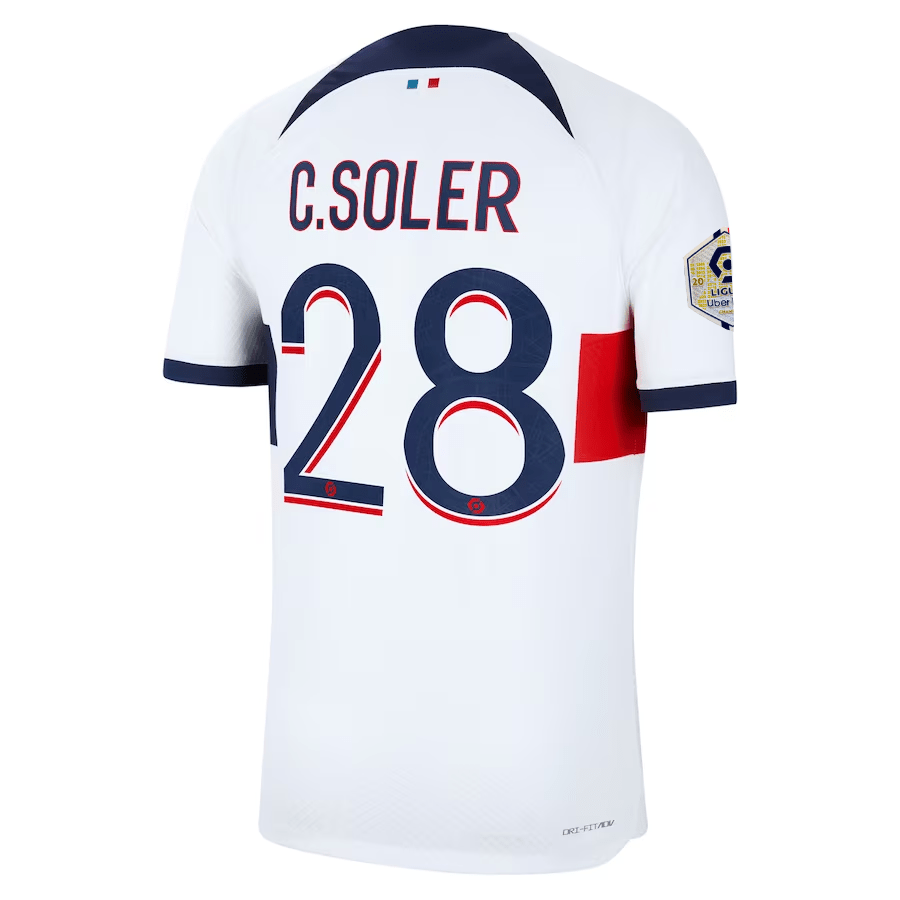 Nike Paris Saint - Germain Authentic Carlos Soler Match Vaporknit Away Jersey w/ Ligue 1 Patch 23/24 (White/Midnight Navy) | SoccerWearhouse