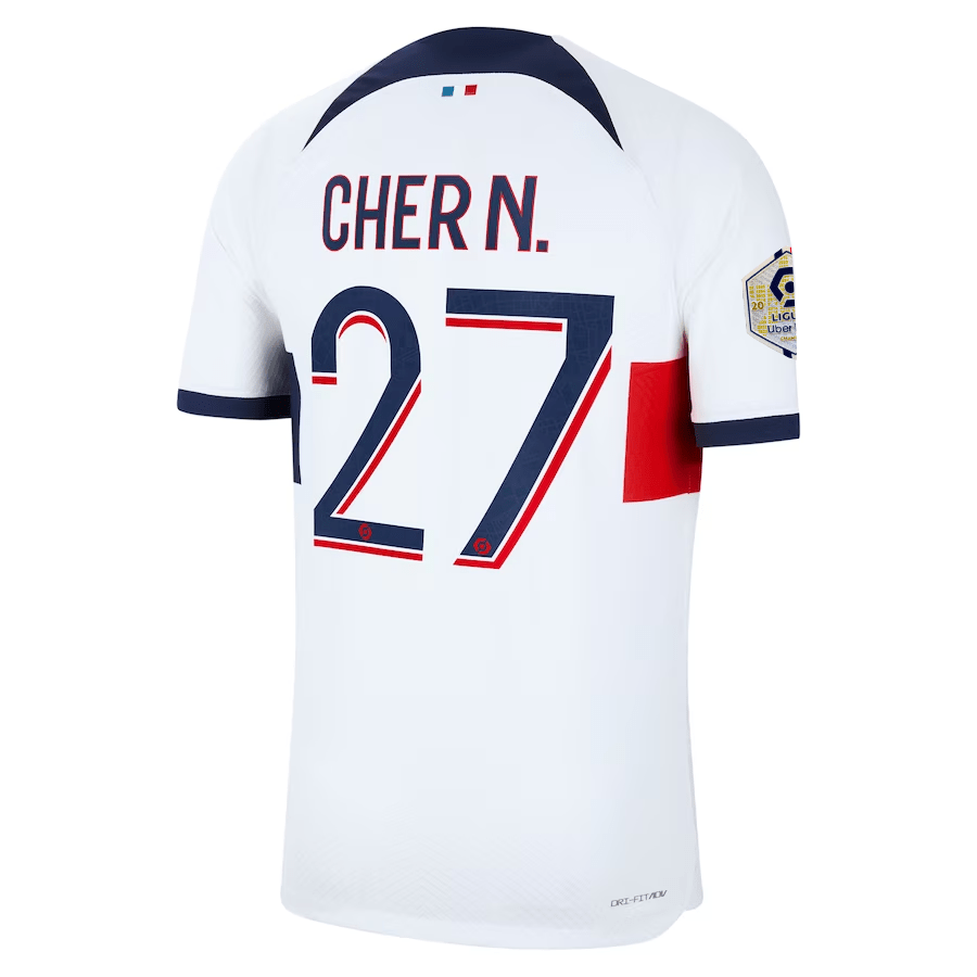 Nike Paris Saint - Germain Authentic Cher Match Vaporknit Away Jersey w/ Ligue 1 Patch 23/24 (White/Midnight Navy) | SoccerWearhouse