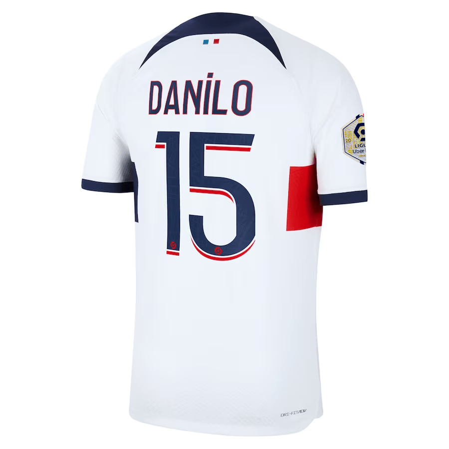 Nike Paris Saint - Germain Authentic Danilo Match Vaporknit Away Jersey w/ Ligue 1 Patch 23/24 (White/Midnight Navy) | SoccerWearhouse