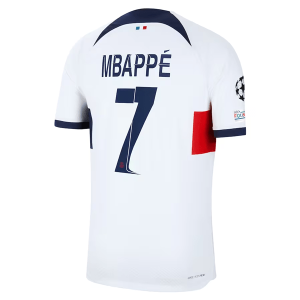 Nike Paris Saint - Germain Authentic Kylian Mabppe Match Vaporknit Away Jersey w/ Champions League Patches 23/24 (White/Midnight Navy) | SoccerWearhouse