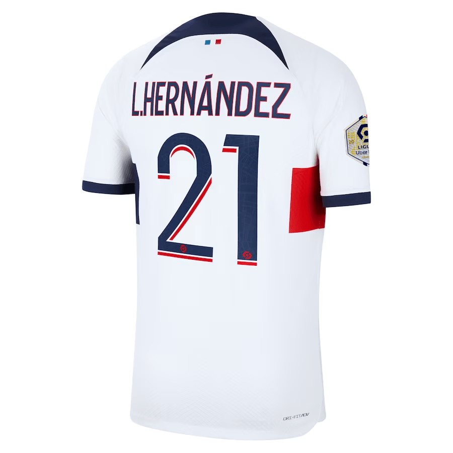 Nike Paris Saint - Germain Authentic Lucas Hernandez Hakimi Match Vaporknit Away Jersey w/ Ligue 1 Patch 23/24 (White/Midnight Navy) | SoccerWearhouse