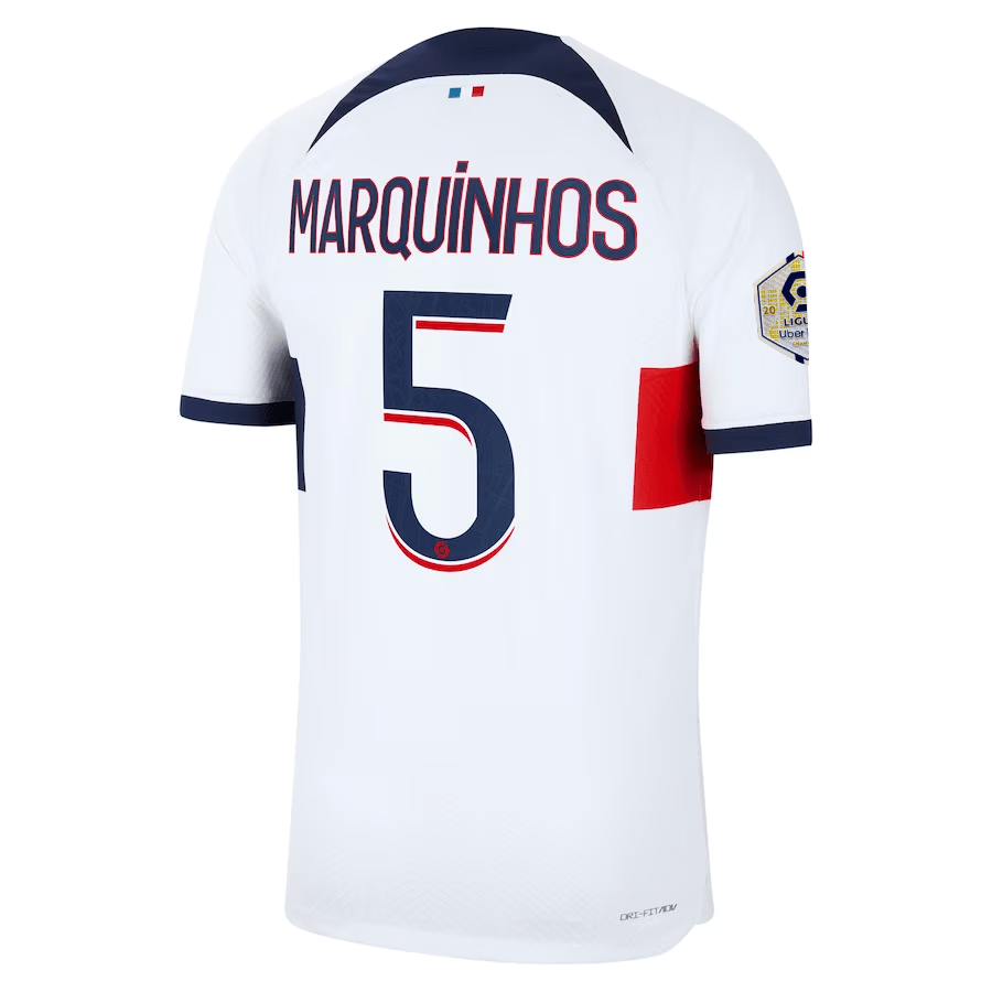 Nike Paris Saint - Germain Authentic Marquinhos Match Vaporknit Away Jersey w/ Ligue 1 Patch 23/24 (White/Midnight Navy) | SoccerWearhouse