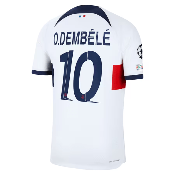 Nike Paris Saint - Germain Authentic Ousmane Dembele Match Vaporknit Away Jersey w/ Champions League Patches 23/24 (White/Midnight Navy) | SoccerWearhouse