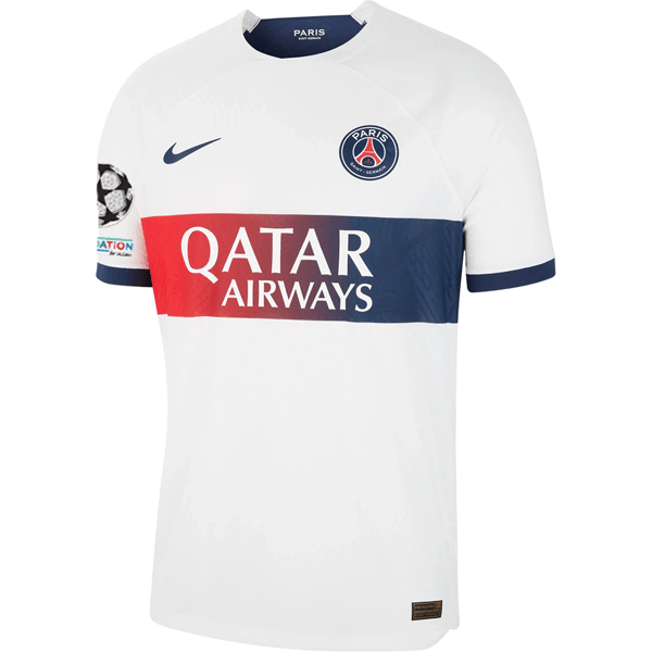 Nike Paris Saint - Germain Authentic Ousmane Dembele Match Vaporknit Away Jersey w/ Champions League Patches 23/24 (White/Midnight Navy) | SoccerWearhouse