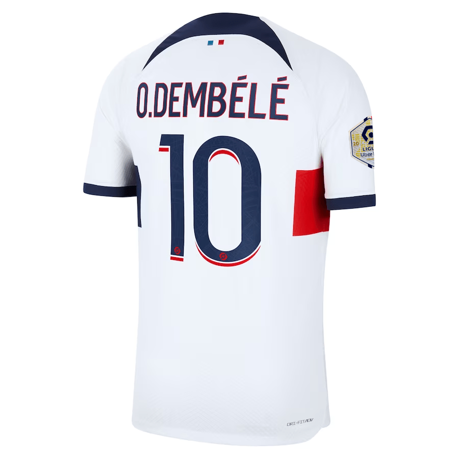 Nike Paris Saint - Germain Authentic Ousmane Dembele Match Vaporknit Away Jersey w/ Ligue 1 Patch 23/24 (White/Midnight Navy) | SoccerWearhouse