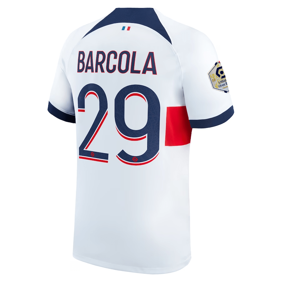 Nike Paris Saint - Germain Bradley Barcola Away Jersey w/ Ligue 1 Patch 23/24 (White/Midnight Navy) | SoccerWearhouse