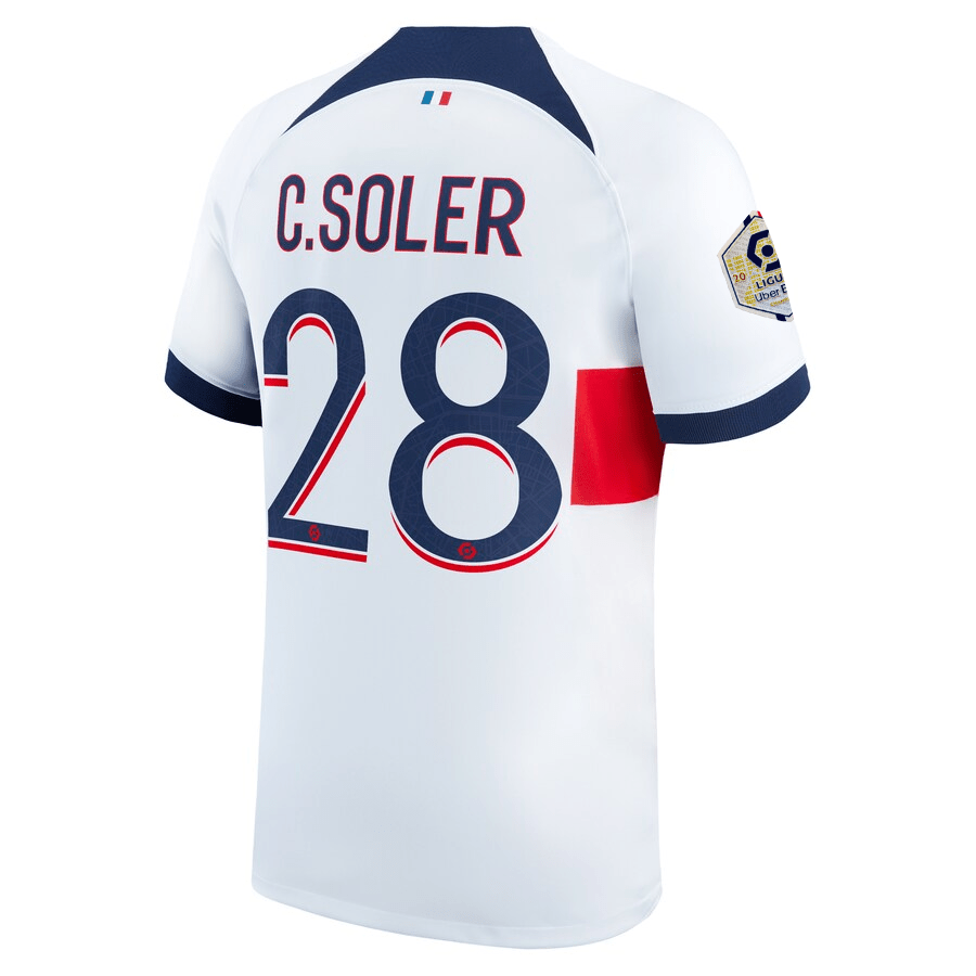Nike Paris Saint - Germain Carlos Soler Away Jersey w/ Ligue 1 Patch 23/24 (White/Midnight Navy) | SoccerWearhouse