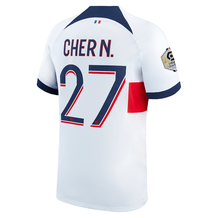 Nike Paris Saint - Germain Cher Ndour Away Jersey w/ Ligue 1 Patch 23/24 (White/Midnight Navy) | SoccerWearhouse