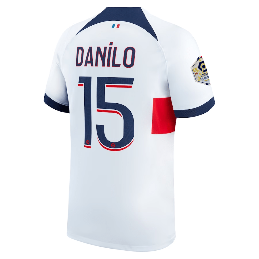 Nike Paris Saint - Germain Danilo Away Jersey w/ Ligue 1 Patch 23/24 (White/Midnight Navy) | SoccerWearhouse
