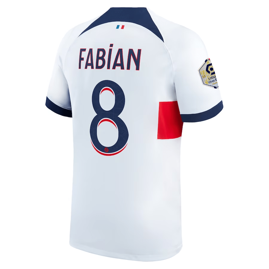 Nike Paris Saint - Germain Fabian Away Jersey w/ Ligue 1 Patch 23/24 (White/Midnight Navy) | SoccerWearhouse