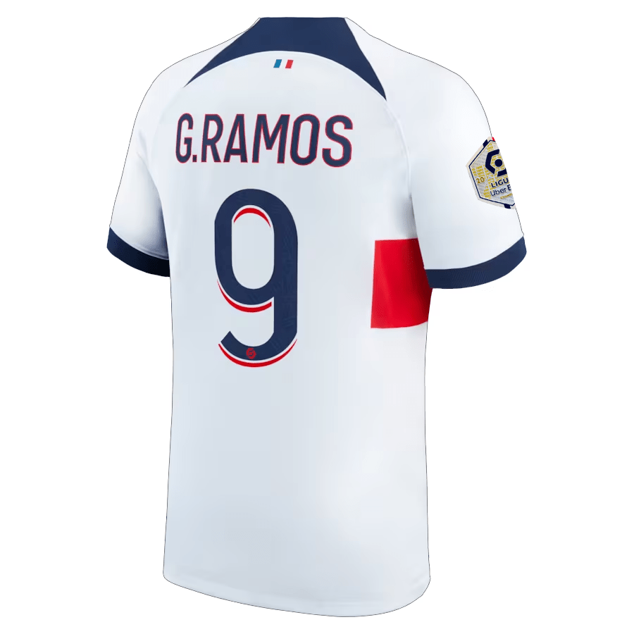 Nike Paris Saint - Germain Goncalo Ramos Away Jersey w/ Ligue 1 Patch 23/24 (White/Midnight Navy) | SoccerWearhouse