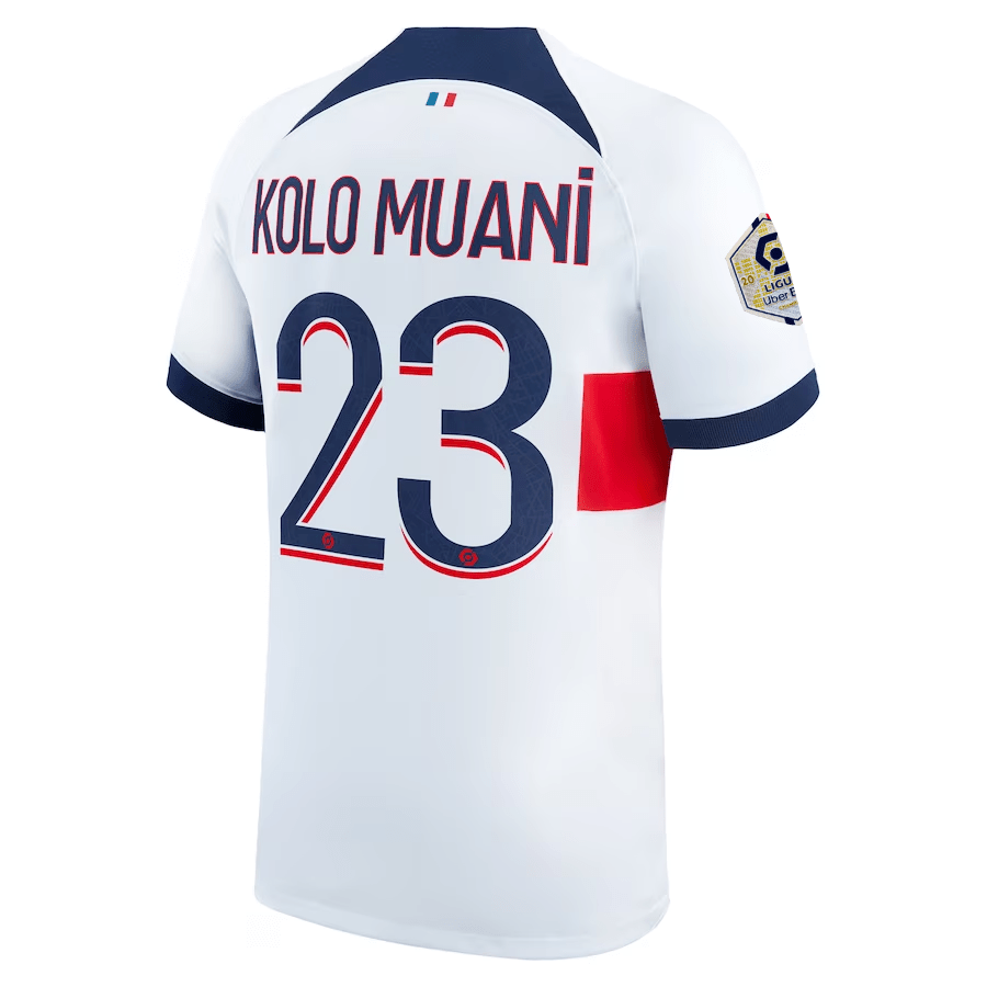 Nike Paris Saint - Germain Kolo Muani Away Jersey w/ Ligue 1 Patch 23/24 (White/Midnight Navy) | SoccerWearhouse